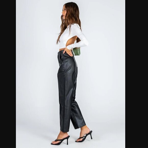 Princess Polly Encore Black Faux Leather High Rise Straight Leg Pants 6 - Picture 4 of 14